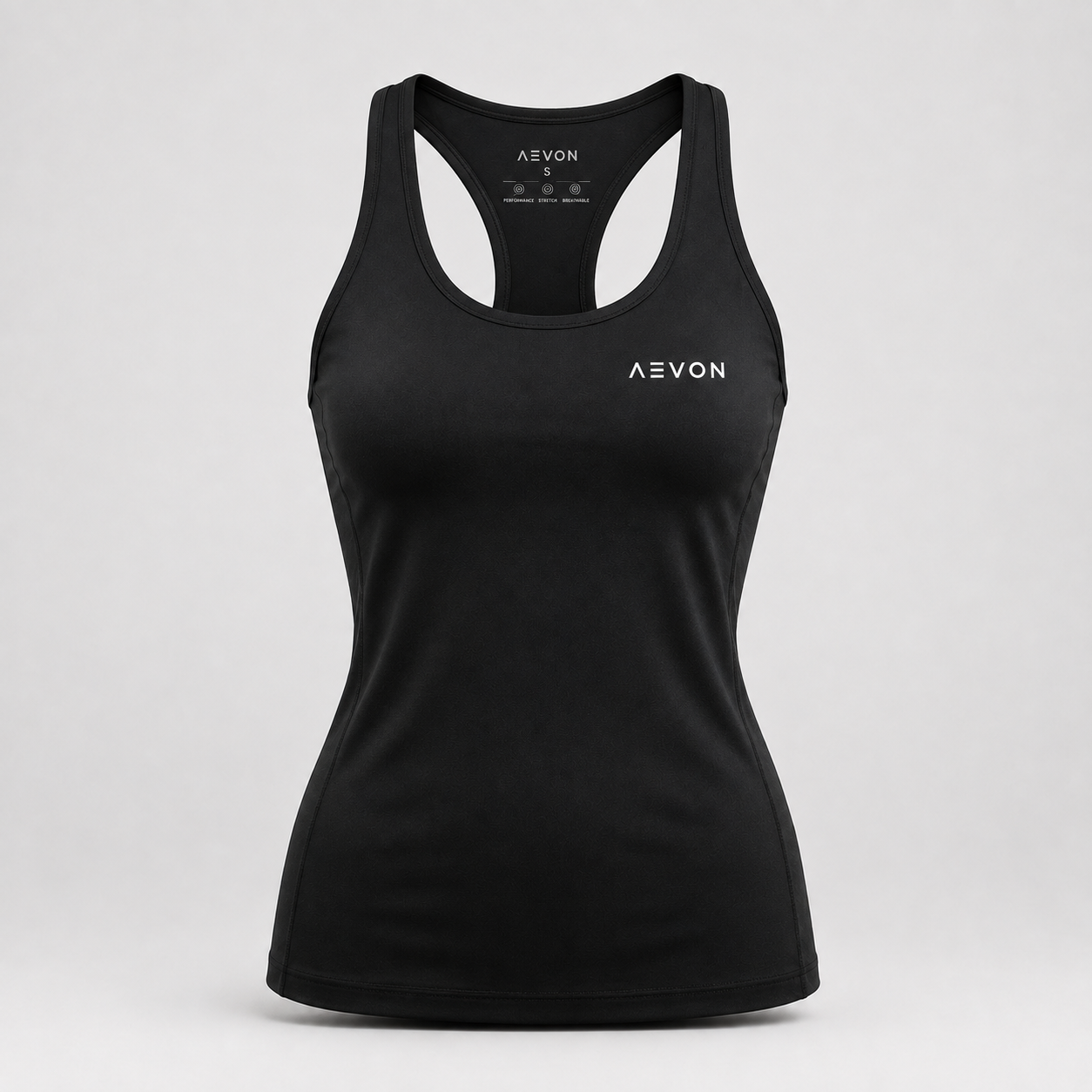 AEVON women's black racerback training tank concept